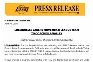 官宣！湖人下属球队将搬迁至科切拉谷 并更名为科切拉谷湖人